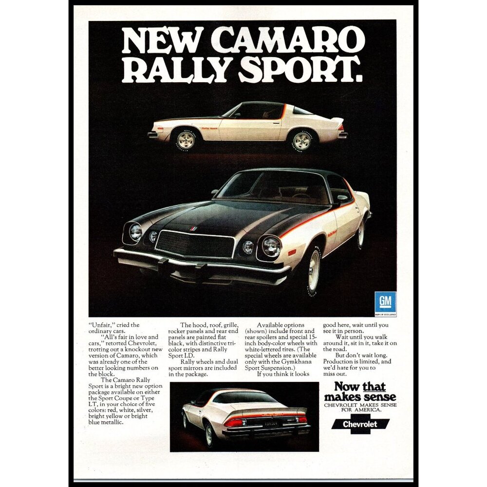 1975 Chevy Camaro Rally Sport Vintage Print Ad Classic Muscle Car Wall Art